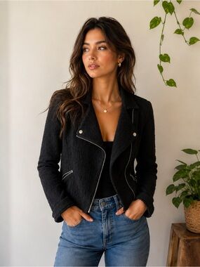 DEX Black Zip Moto Jacket Textured Minimalist Style ❤️🍒